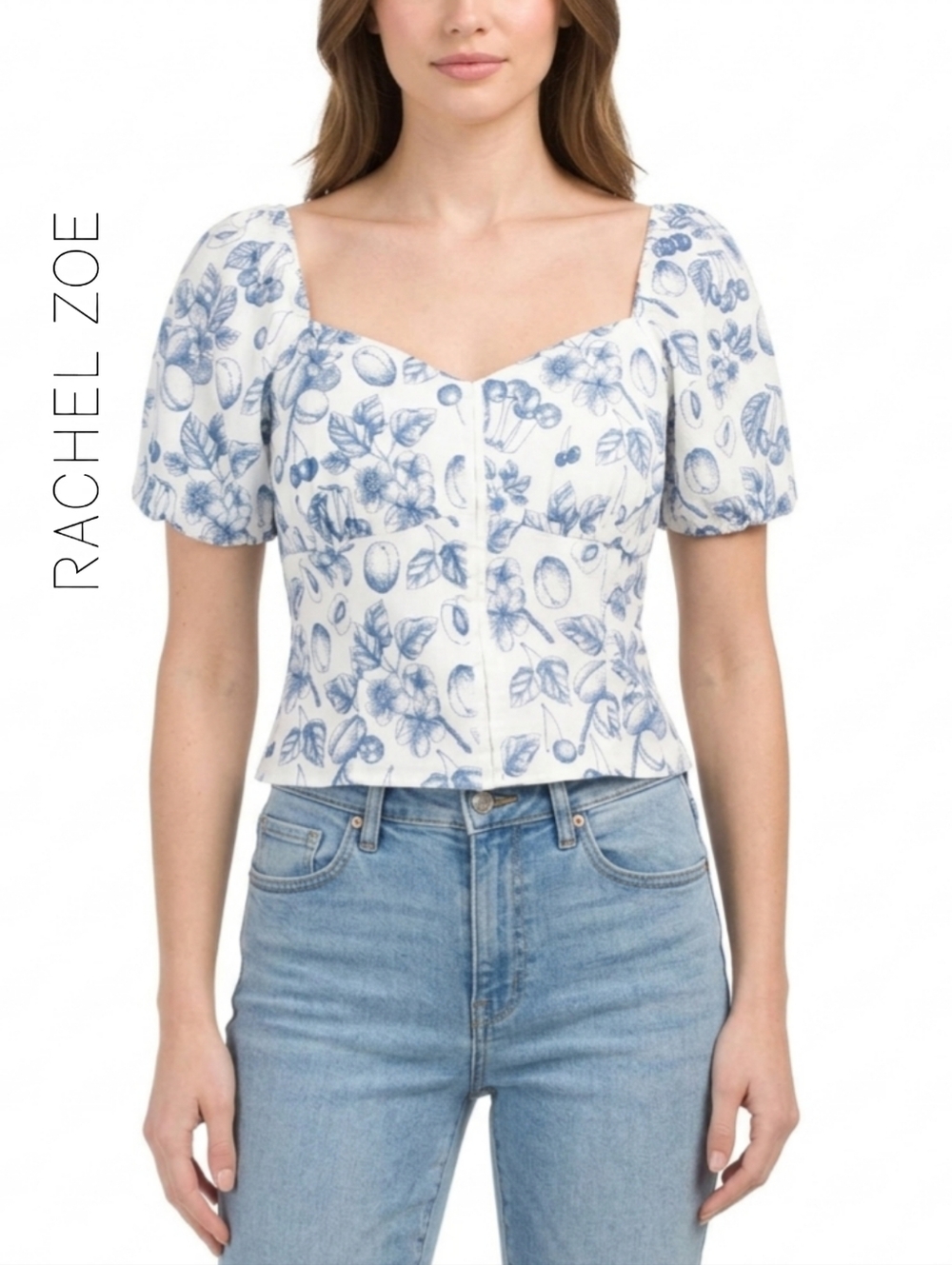 Sz S Rachel Zoe Linen Blend Fruits Print Blue Puff-Sleeve Blouse
